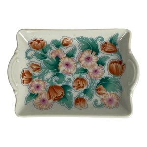 Trinket Soap Butter Dish Green Orange Floral Square Japan Vintage VTG